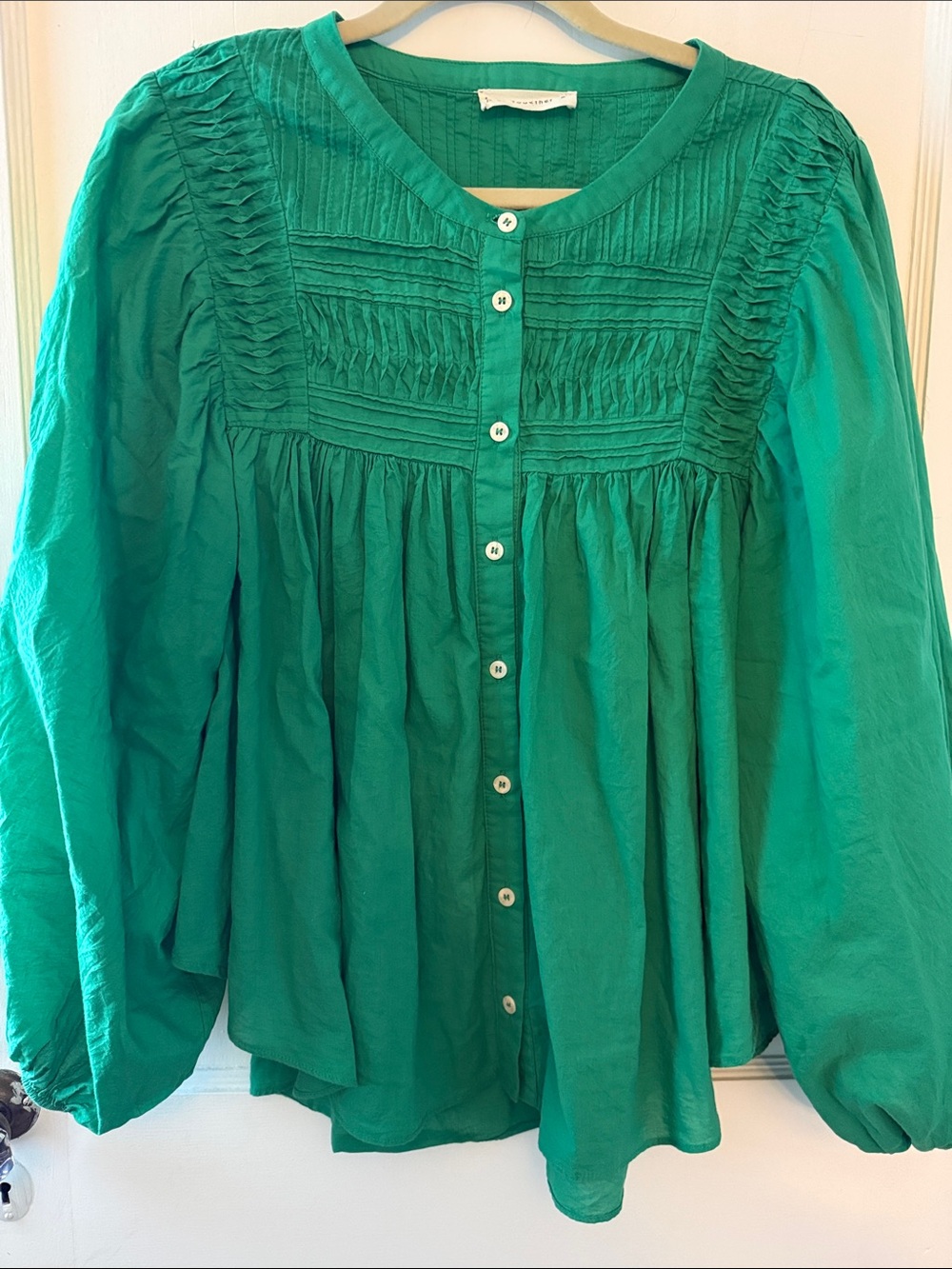 By Together Emerald Green Smocked Button-Front Peasant Blouse
